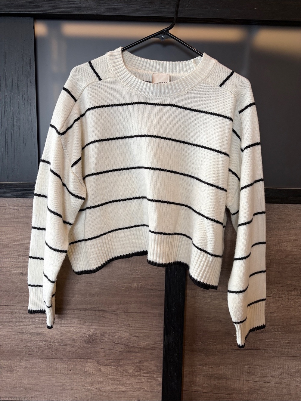Women's Cream Crewneck Sweater with Black Stripes